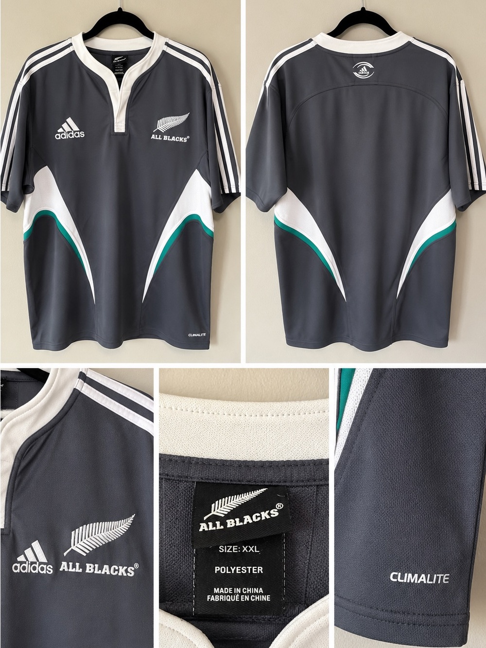 adidas All Blacks Charcoal Gray Rugby Jersey with White & Teal Accents